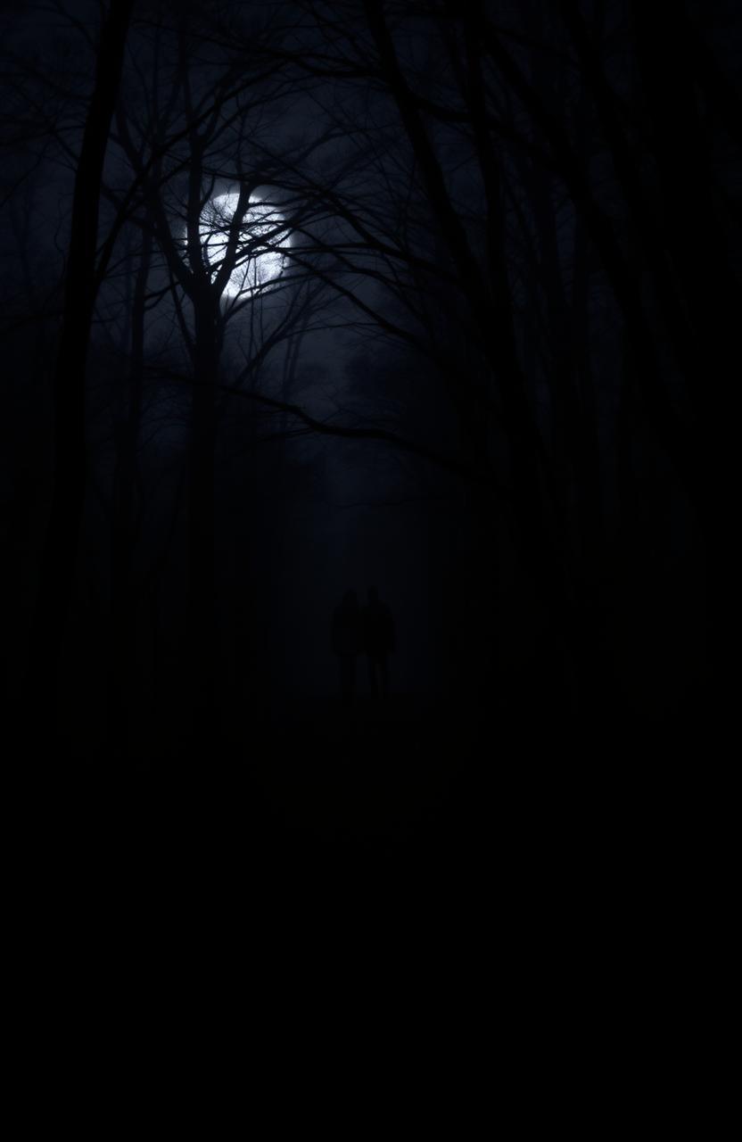 A mysterious dark forest shrouded in shadows, with an unseen path leading deeper into the woods