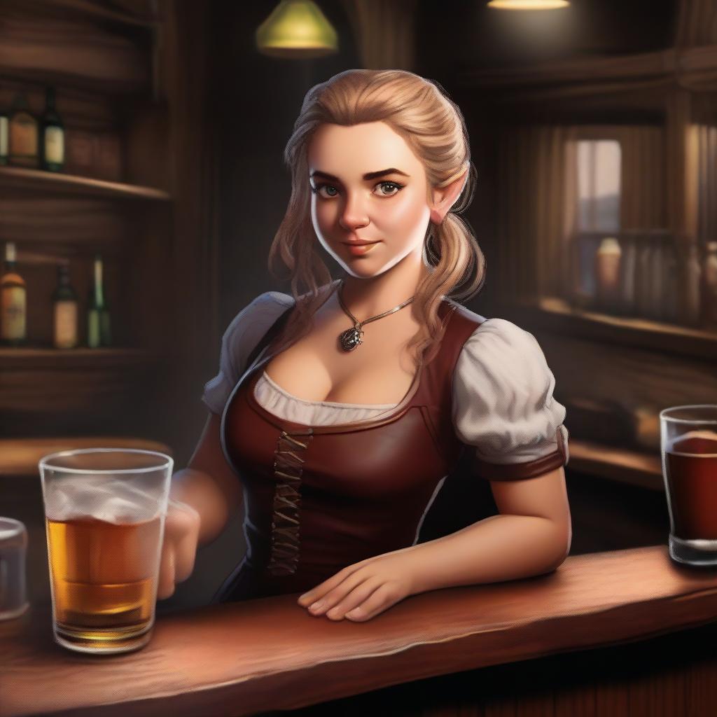 A digital art piece depicting a confident halfling barmaid