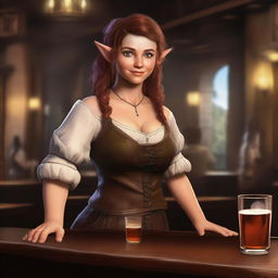 A digital art piece depicting a confident halfling barmaid