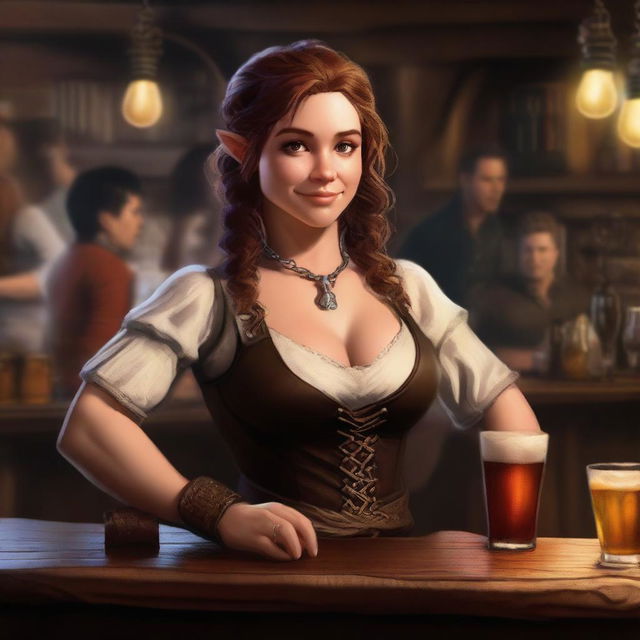 A digital art piece depicting a confident halfling barmaid