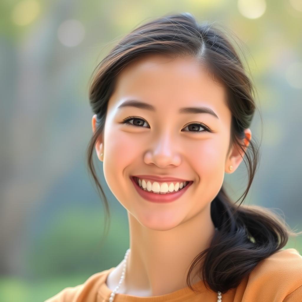 A cheerful portrait of a person with a pleasant smile, showcasing smooth skin and no facial hair