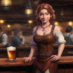 A digital art piece depicting a confident halfling barmaid