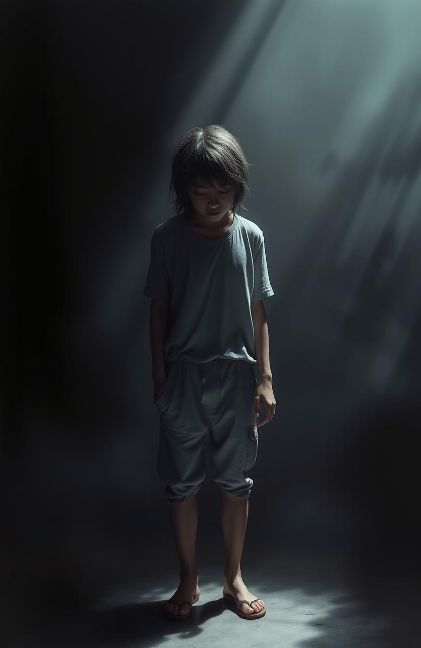 A dramatic and emotional scene depicting a heartbroken individual standing alone in a dimly lit room, with tears streaming down their face