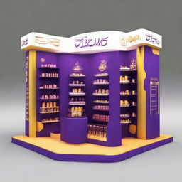 Design a Cadbury display stand inspired by Ramadan with dimensions 240x160x150 cm. Incorporate Islamic shapes, glass materials, soft lighting, and shelves adorned with Ramadan lanterns, creating a captivating haven for chocolate enthusiasts.