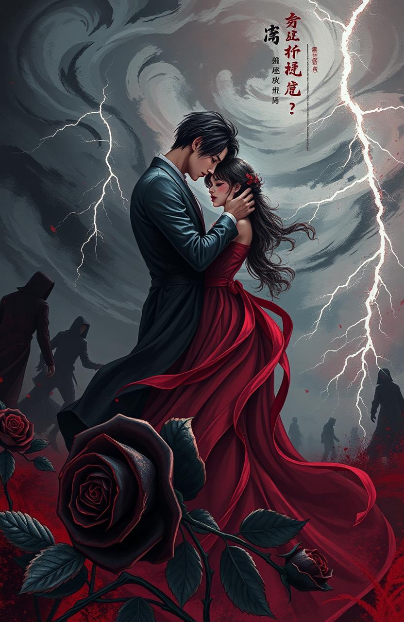 A dramatic and romantic scene illustrating the concept of 'รักร้าย' (Poisonous Love), where two lovers are entwined in an emotional embrace amidst a backdrop of dark, swirling storm clouds and flashes of lightning