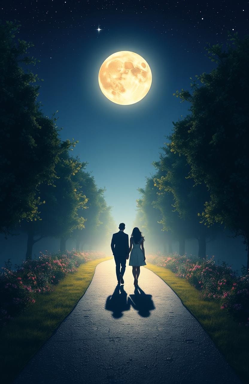 A romantic scene depicting a couple walking hand in hand down a long, winding path illuminated by soft moonlight