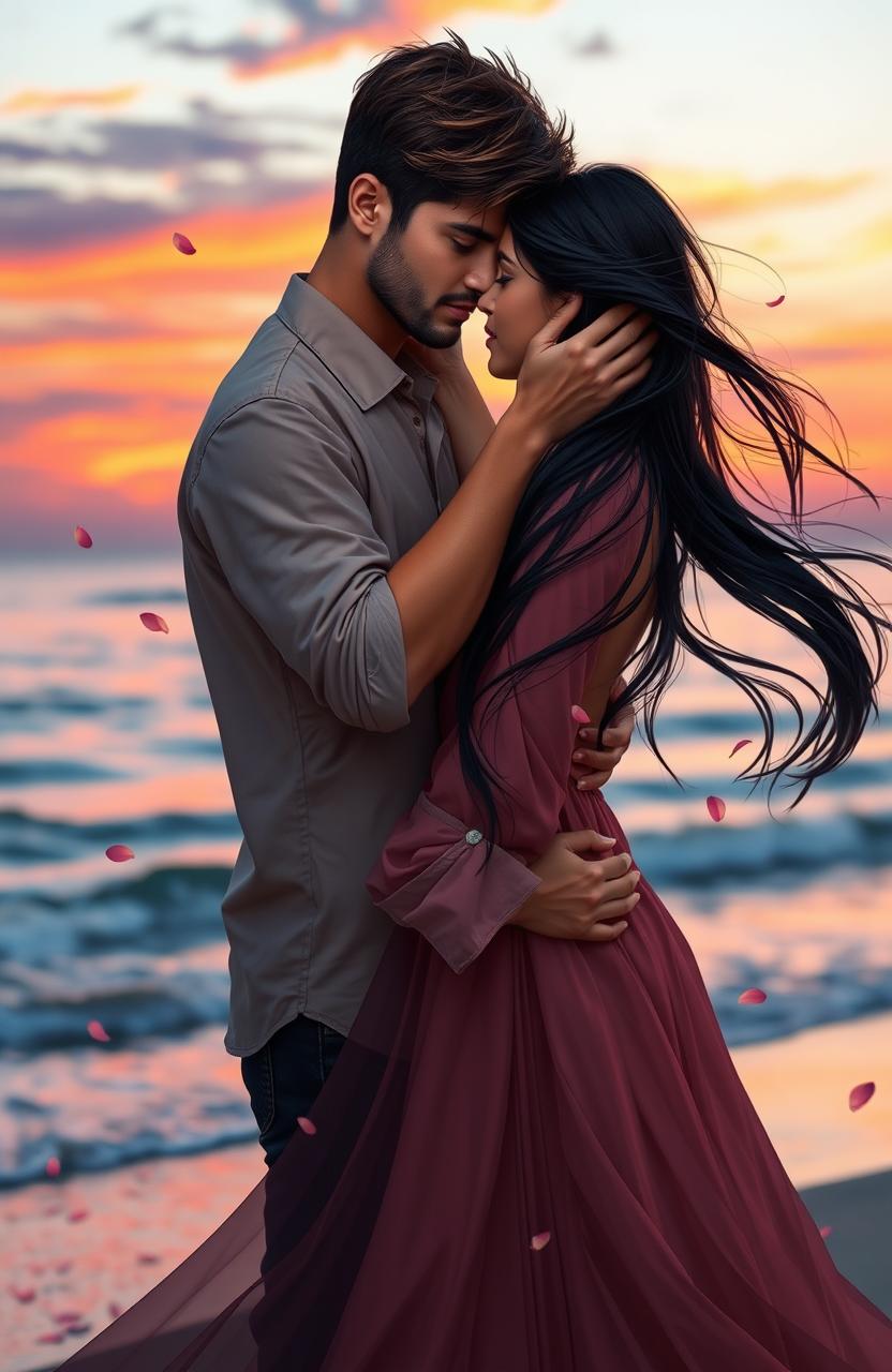 A dramatic scene depicting a passionate love story, featuring a couple locked in an emotional embrace with a sunset backdrop