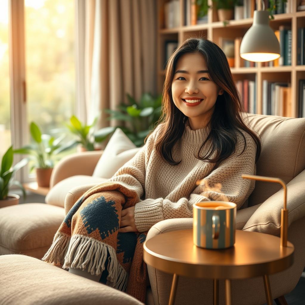A serene and inviting scene depicting a person of Asian descent with a gentle smile, seated comfortably in a cozy and stylish living room