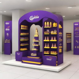 Design a Cadbury display stand inspired by Ramadan with dimensions 240x160x150 cm. Incorporate Islamic shapes, glass materials, soft lighting, and shelves adorned with Ramadan lanterns, creating a captivating haven for chocolate enthusiasts.