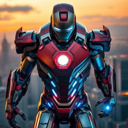 A highly detailed and intricate Iron Man suit in a dynamic pose, showcasing its advanced technology and sleek metallic design