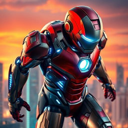 A highly detailed and intricate Iron Man suit in a dynamic pose, showcasing its advanced technology and sleek metallic design