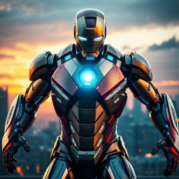 A highly detailed and intricate Iron Man suit in a dynamic pose, showcasing its advanced technology and sleek metallic design