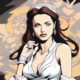 A high-quality digital art piece, revising the previous image of Angelina Jolie in anime style to reflect the distinct aesthetics of JoJo's Bizarre Adventure manga