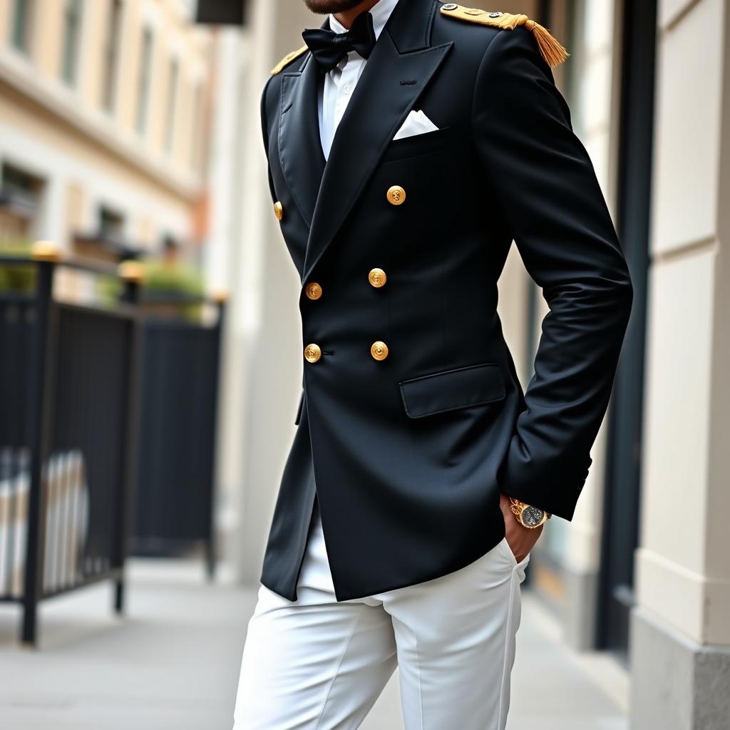 A sophisticated man wearing a black double-breasted suit adorned with striking gold buttons, paired with elegant white pants