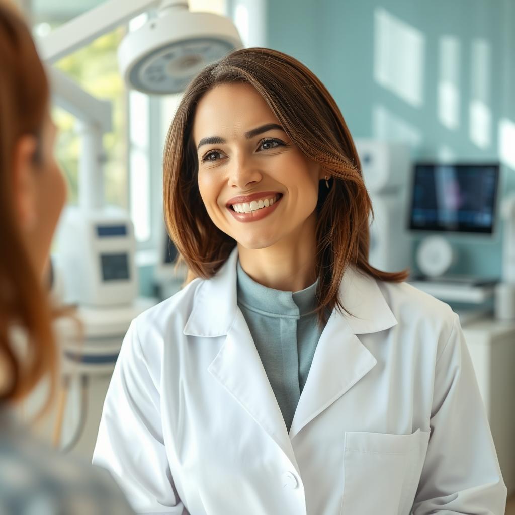 A professional dermatologist in a modern clinic setting, exuding confidence and warmth