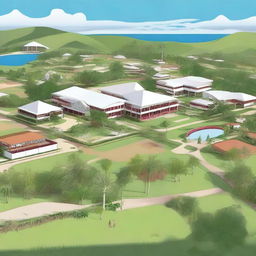 A detailed digital art illustration of the Tilton Academy campus, located on a Caribbean island