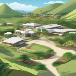 A detailed digital art illustration of the Tilton Academy campus, located on a Caribbean island