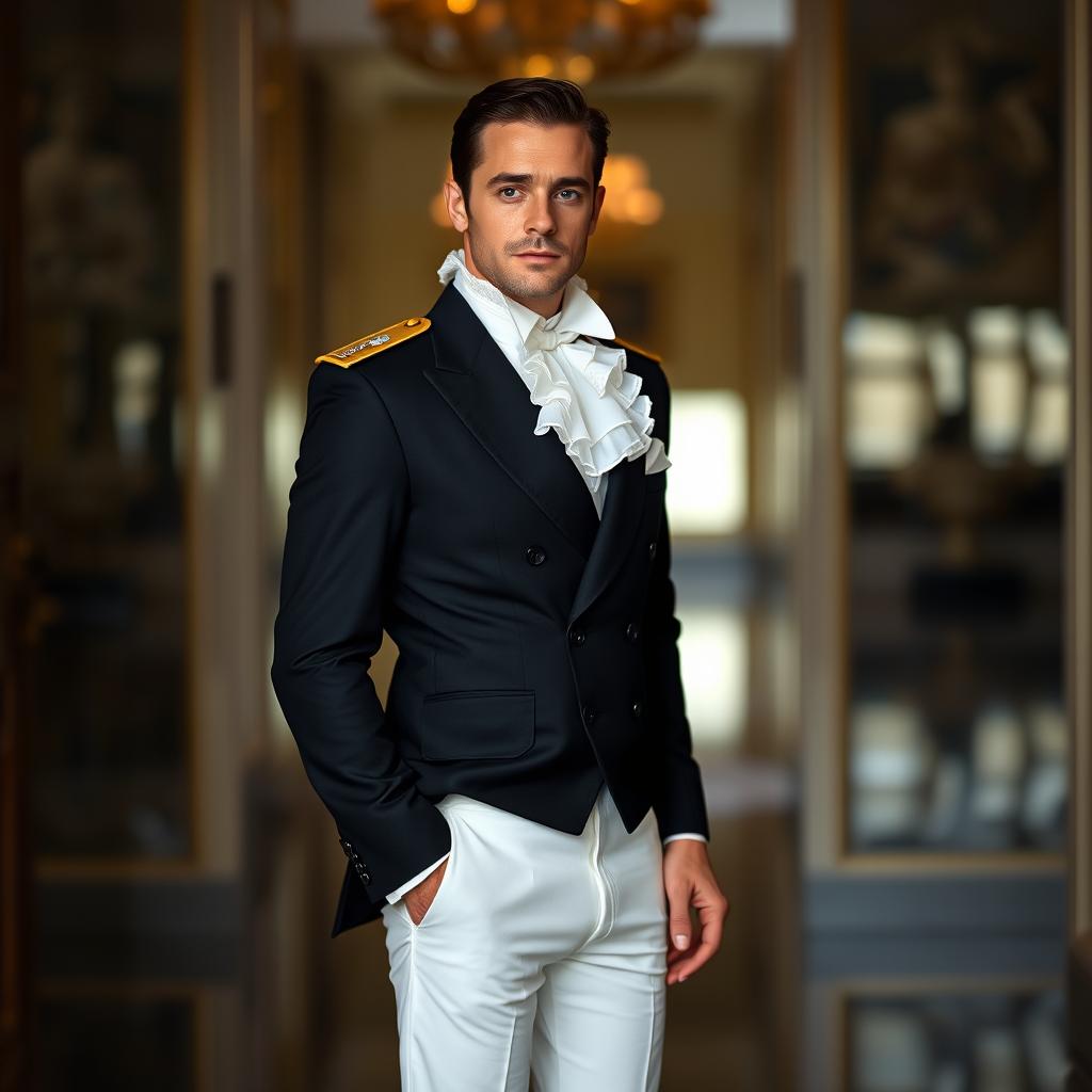 A distinguished man dressed in a black double-breasted suit paired with crisp white pants