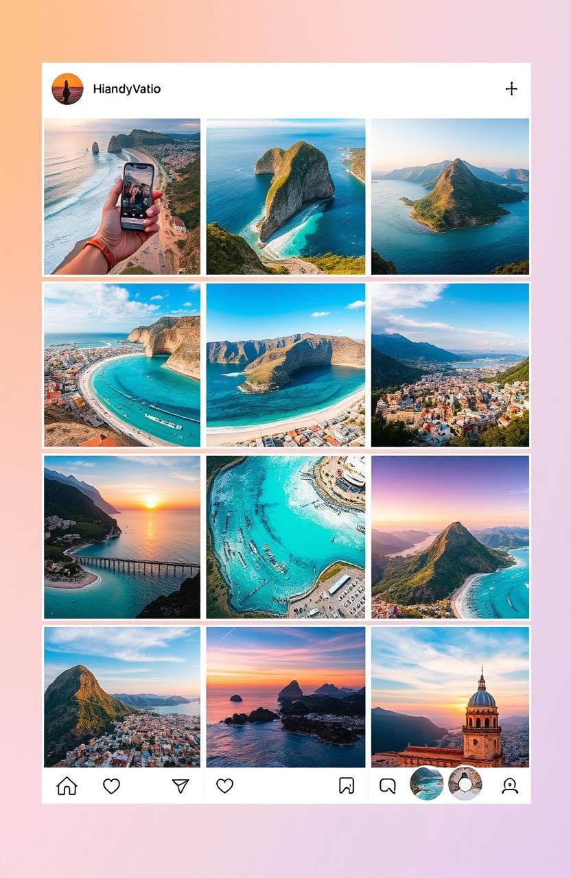 A vibrant and stylish Instagram layout, showcasing a collection of travel photos featuring various destinations, including beautiful beaches, mountain landscapes, and bustling city scenes