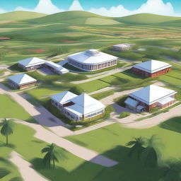 A detailed digital art illustration of the Tilton Academy campus, located on a Caribbean island