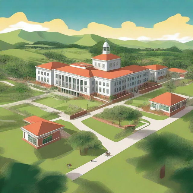 A detailed digital art illustration of the Tilton Academy campus, located on a Caribbean island