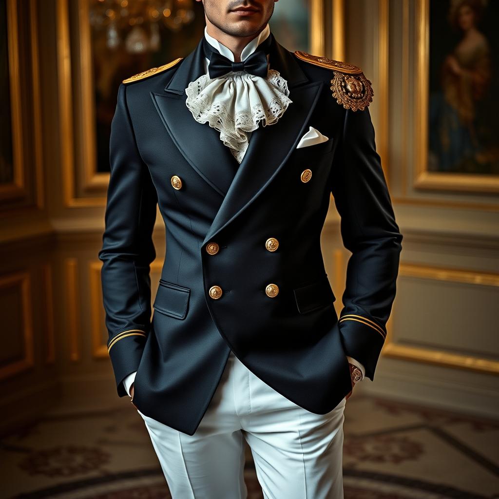 An elegant man outfitted in a sleek black double-breasted suit featuring luxurious gold buttons, complemented by crisp white pants