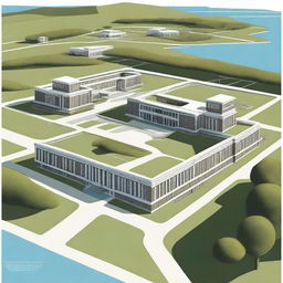 A detailed digital art illustration of the Tilton Academy campus, capturing the 1950's architectural style with hand-cut limestone blocks