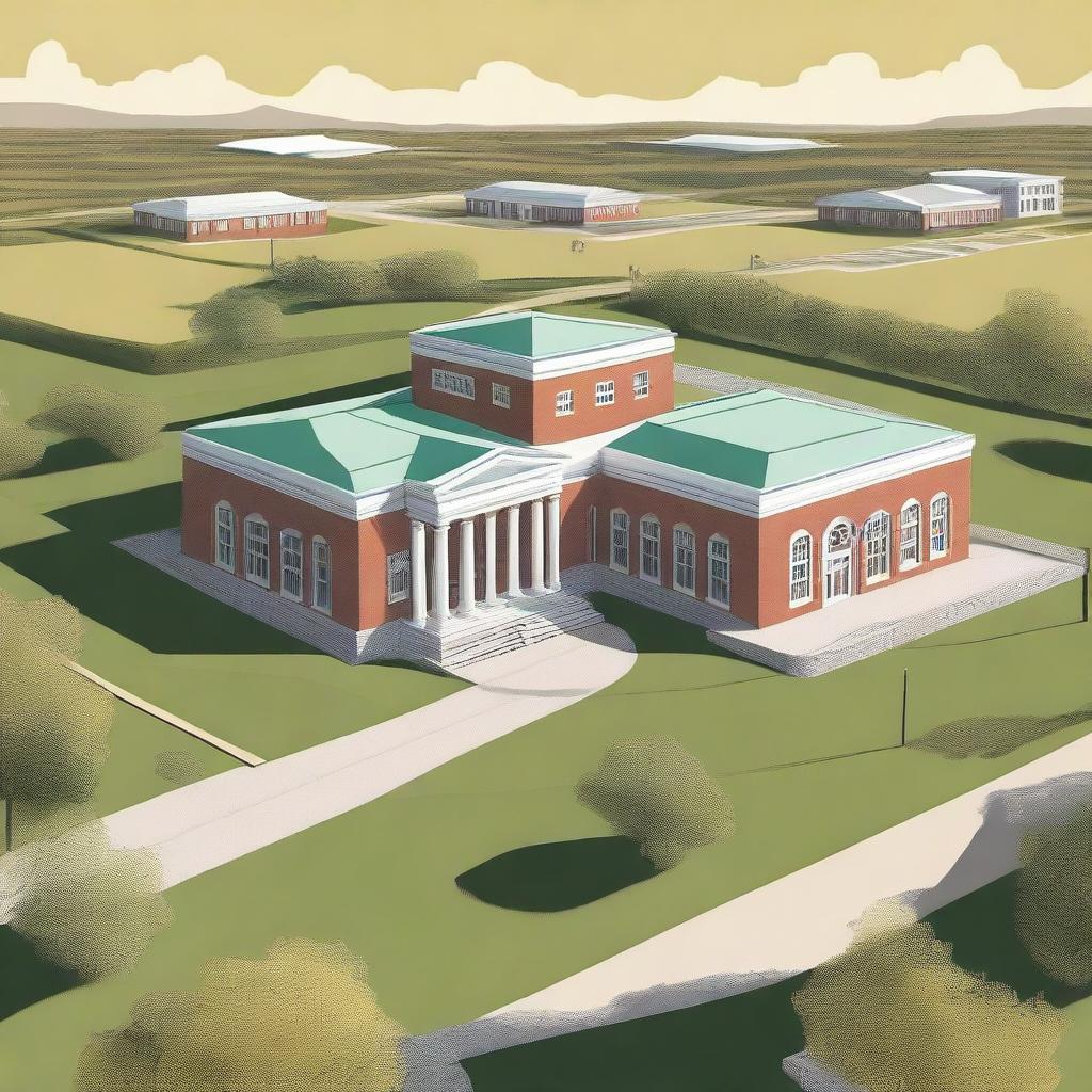 A detailed digital art illustration of the Tilton Academy campus, capturing the 1950's architectural style with hand-cut limestone blocks