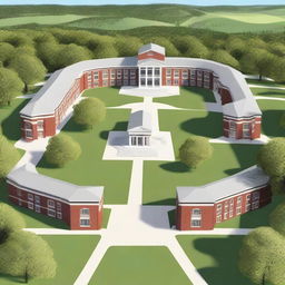 A detailed digital art illustration of the Tilton Academy campus, capturing the 1950's architectural style with hand-cut limestone blocks