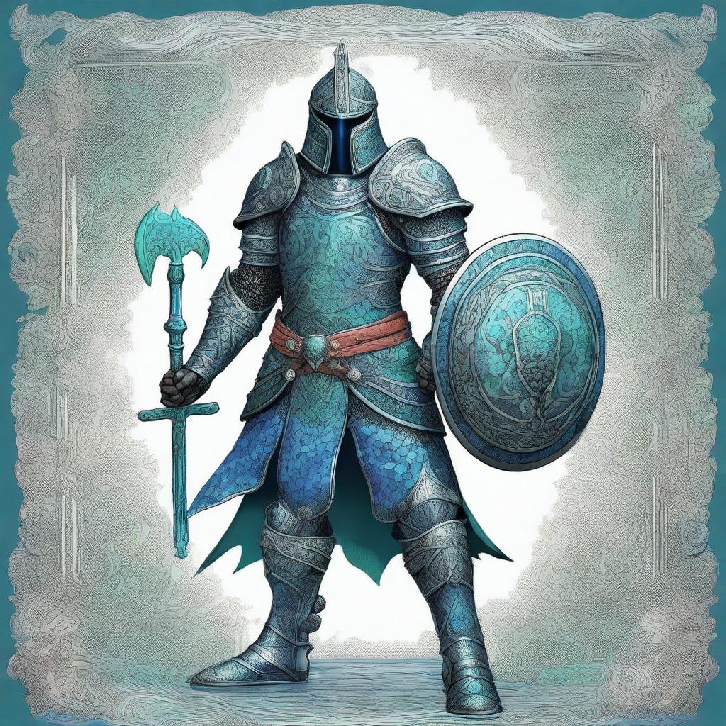 This is a high-quality digital art piece, vividly portraying a tall warrior clad in blue plate mail