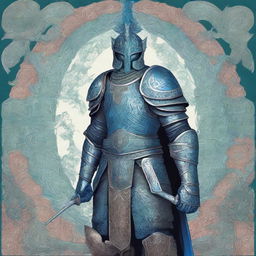 This is a high-quality digital art piece, vividly portraying a tall warrior clad in blue plate mail