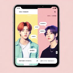 A digital art image of a smartphone screen displaying an SMS conversation between Vkook, two characters from BTS