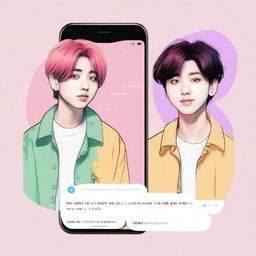 A digital art image of a smartphone screen displaying an SMS conversation between Vkook, two characters from BTS