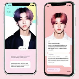 A digital art image of a smartphone screen displaying an SMS conversation between Vkook, two characters from BTS