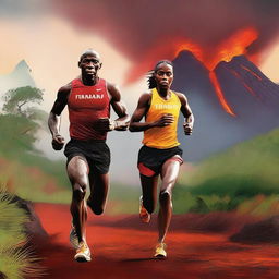 A vivid digital art illustration of Andre Hiltog and Paula Thanoil from Tilton Academy, both athletic and attractive, running in the Ironman Buea Lava marathon