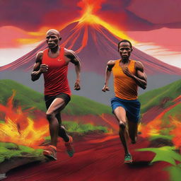 A vivid digital art illustration of Andre Hiltog and Paula Thanoil from Tilton Academy, both athletic and attractive, running in the Ironman Buea Lava marathon