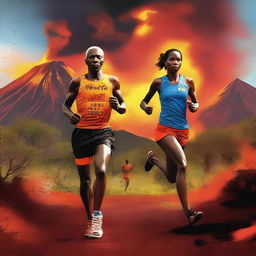 A vivid digital art illustration of Andre Hiltog and Paula Thanoil from Tilton Academy, both athletic and attractive, running in the Ironman Buea Lava marathon