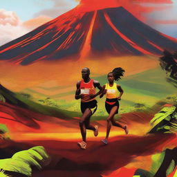 A vivid digital art illustration of Andre Hiltog and Paula Thanoil from Tilton Academy, both athletic and attractive, running in the Ironman Buea Lava marathon