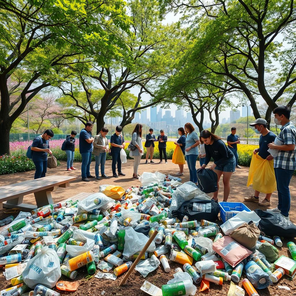 An impactful scene in one of Seoul's picturesque parks, displaying the contrast between natural beauty and plastic waste