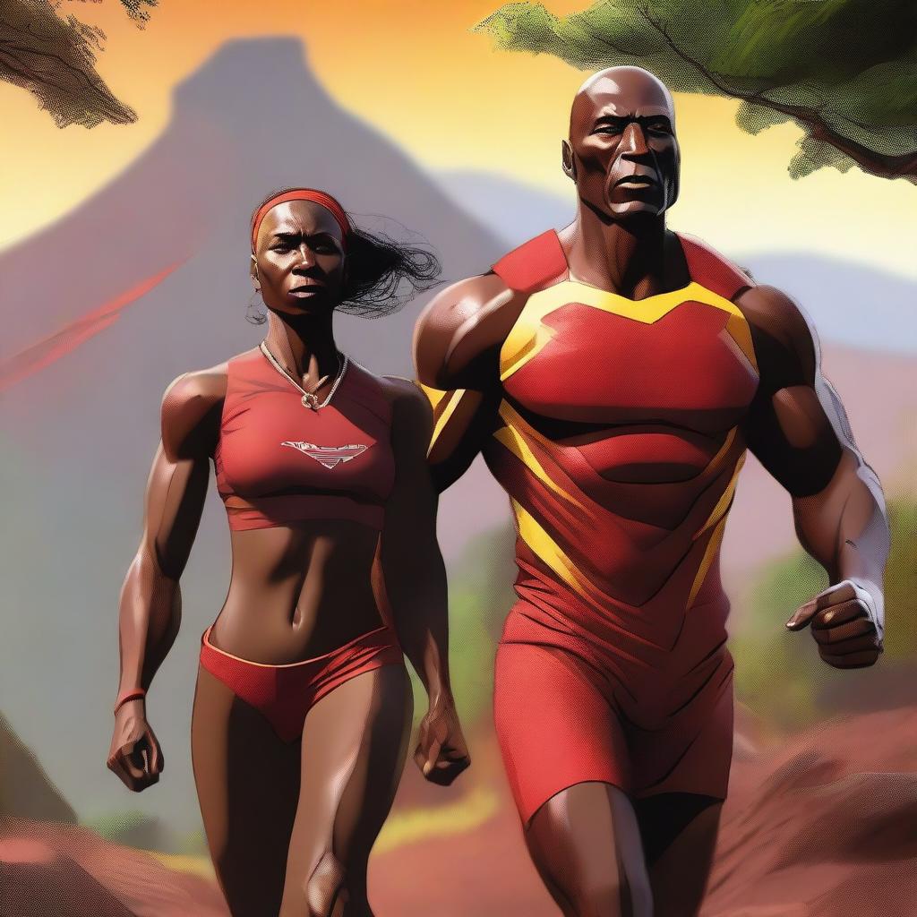 A high-resolution digital art illustration portrays two characters from Tiliton Academy, the tall, attractive Andre Hiltog with brown skin, and his equally attractive, athletic Aunt Paula Thanoil