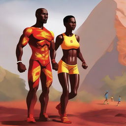 A high-resolution digital art illustration portrays two characters from Tiliton Academy, the tall, attractive Andre Hiltog with brown skin, and his equally attractive, athletic Aunt Paula Thanoil