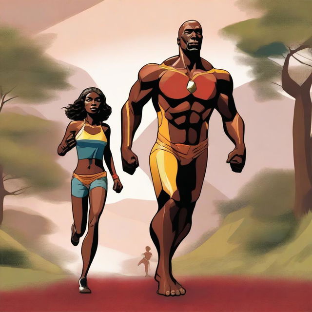 A high-resolution digital art illustration portrays two characters from Tiliton Academy, the tall, attractive Andre Hiltog with brown skin, and his equally attractive, athletic Aunt Paula Thanoil