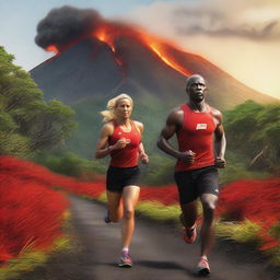 A hyper-realistic digital art illustration showcasing Andre Hiltog and Paula Thanoil from Tilton Academy, both looking athletic and attractive, running in the Ironman Buea Lava marathon