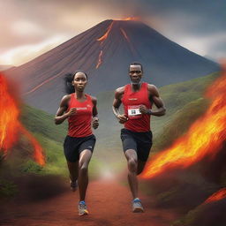 A hyper-realistic digital art illustration showcasing Andre Hiltog and Paula Thanoil from Tilton Academy, both looking athletic and attractive, running in the Ironman Buea Lava marathon