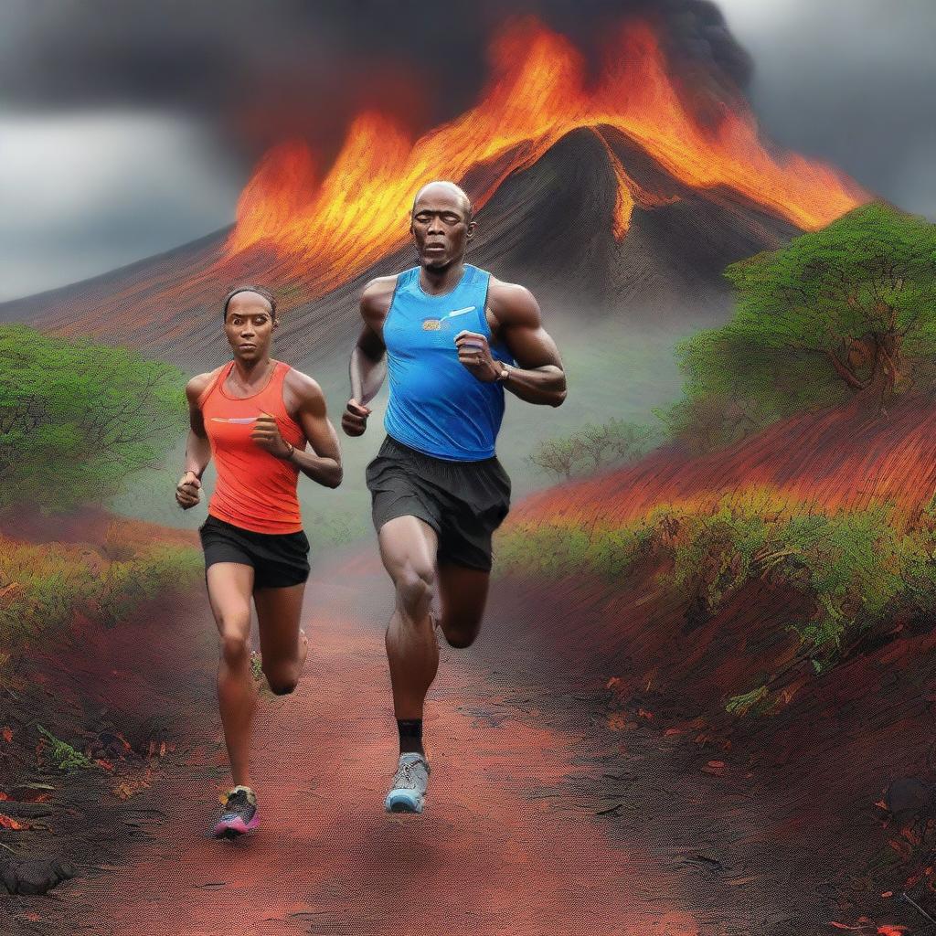 A hyper-realistic digital art illustration showcasing Andre Hiltog and Paula Thanoil from Tilton Academy, both looking athletic and attractive, running in the Ironman Buea Lava marathon