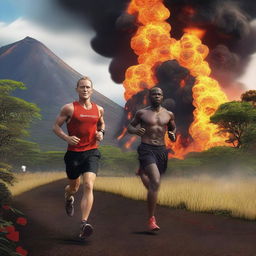 A hyper-realistic digital art illustration showcasing Andre Hiltog and Paula Thanoil from Tilton Academy, both looking athletic and attractive, running in the Ironman Buea Lava marathon