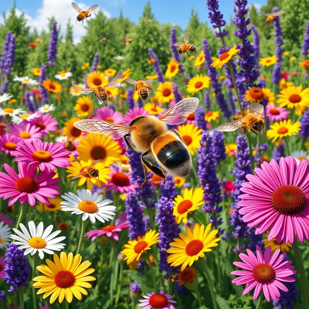 A vibrant, detailed scene illustrating the importance of bees in nature
