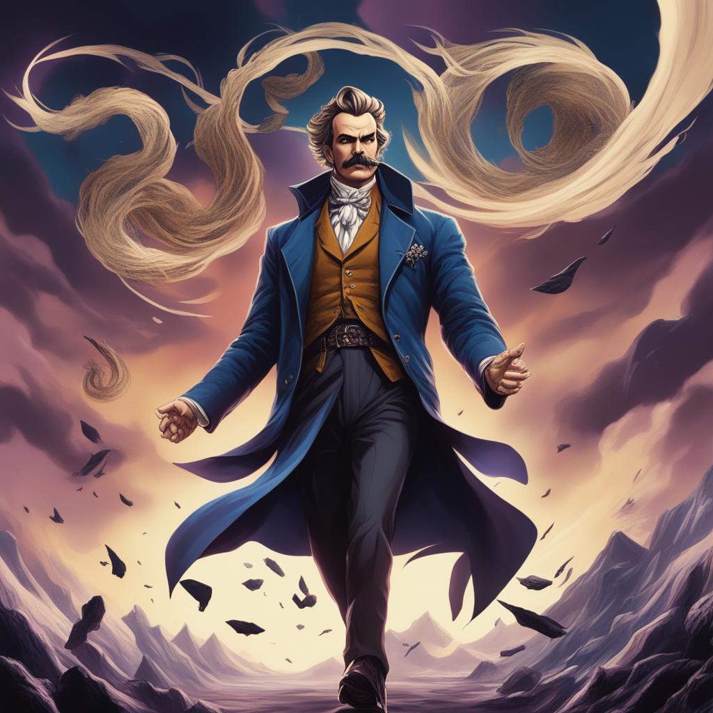 An epic, high-quality digital art image of Nietzsche's 'Ubermensch' in the style of Jojo's Bizarre Adventure, featuring a larger-than-life figure surrounded by dramatic elements such as swirling winds, flying debris, and a stormy sky