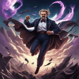 An epic, high-quality digital art image of Nietzsche's 'Ubermensch' in the style of Jojo's Bizarre Adventure, featuring a larger-than-life figure surrounded by dramatic elements such as swirling winds, flying debris, and a stormy sky