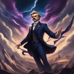 An epic, high-quality digital art image of Nietzsche's 'Ubermensch' in the style of Jojo's Bizarre Adventure, featuring a larger-than-life figure surrounded by dramatic elements such as swirling winds, flying debris, and a stormy sky